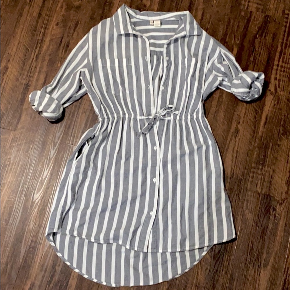 Grey and white stripe dress with pockets